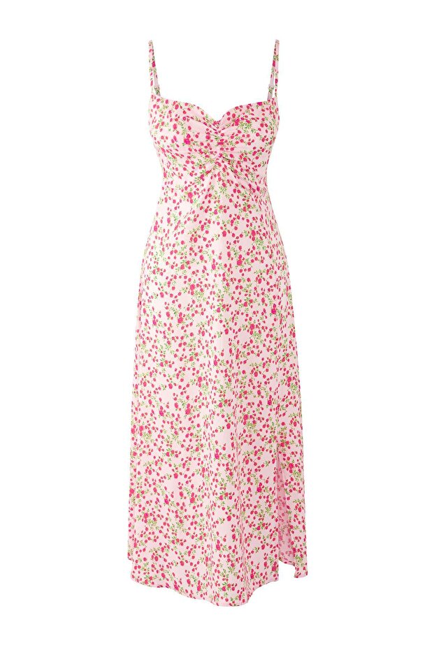 Pembe Çiçekli Midi Dokuma Elbise TEDSS25EL00001 - 4