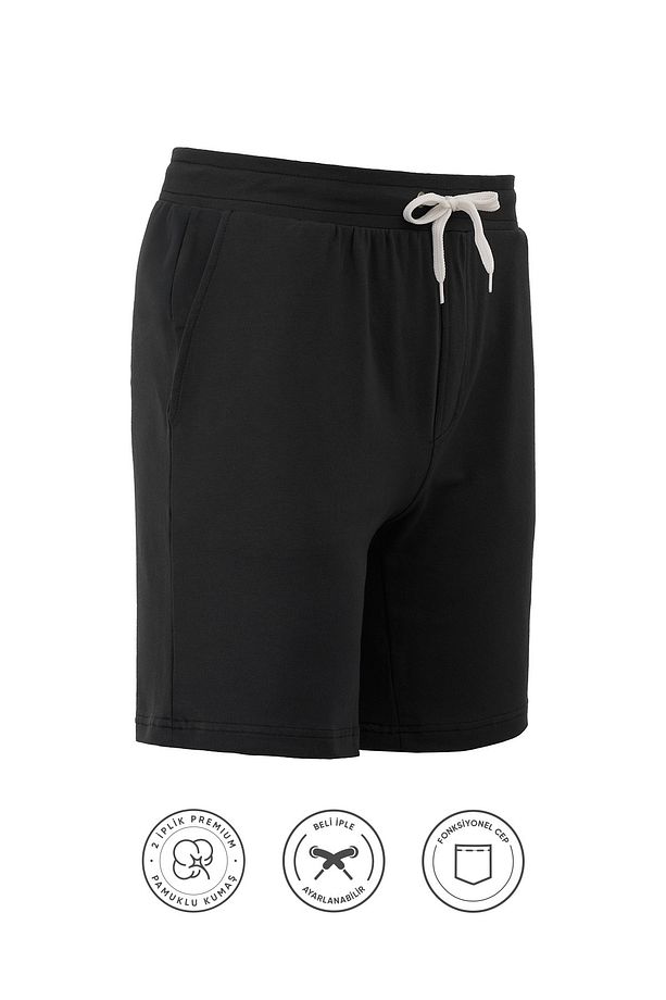 Pamuklu Erkek Siyah Casual Şort 2 Iplik Yan Cepli Bağcıklı Regular Fit Boru Paça Günlük Bermuda - 3