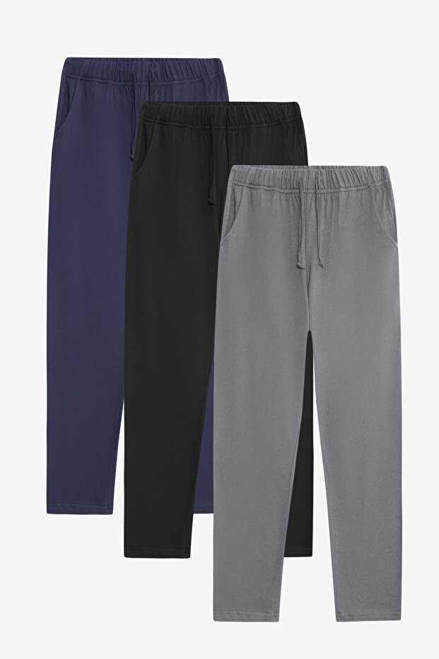 100% Cotton 3-Piece Single Jersey Compact Combed Cotton Fabric Men's Pajama Bottoms Comfortable Fit with Pockets Drawstring Anti-Sweat Breathable Black - Gray - Navy Blue