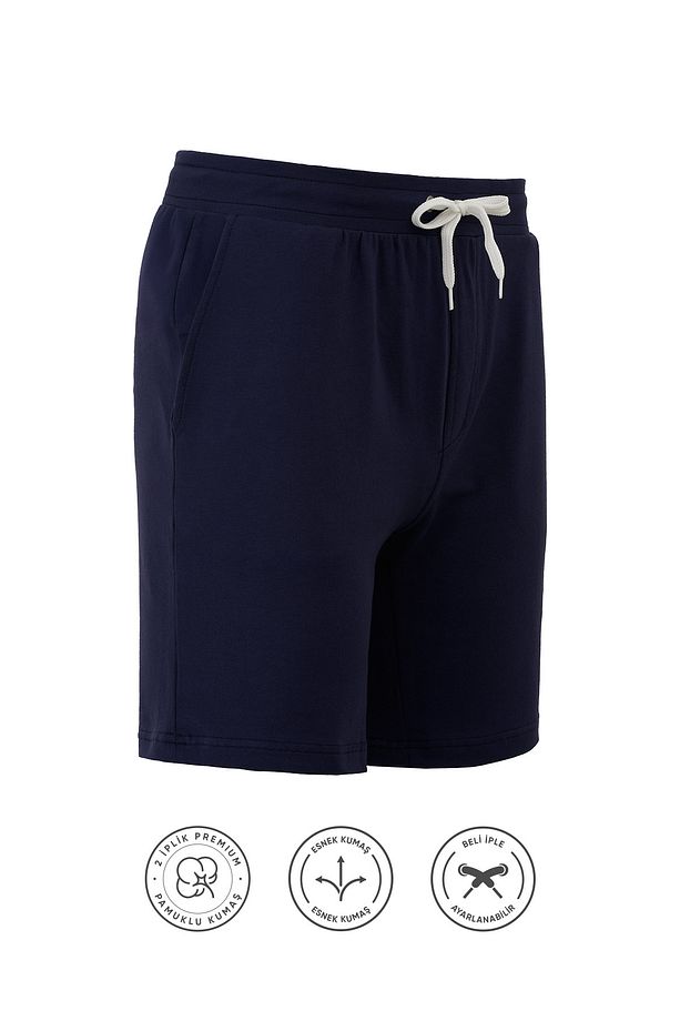 Pamuklu Erkek Lacivert Casual Şort 2 Iplik Yan Cep Bağcıklı Regular Fit Boru Paça Günlük Bermuda - 3