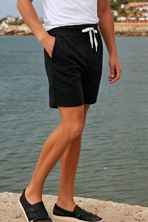 Pamuklu Erkek Siyah Casual Şort 2 Iplik Yan Cepli Bağcıklı Regular Fit Boru Paça Günlük Bermuda - 6