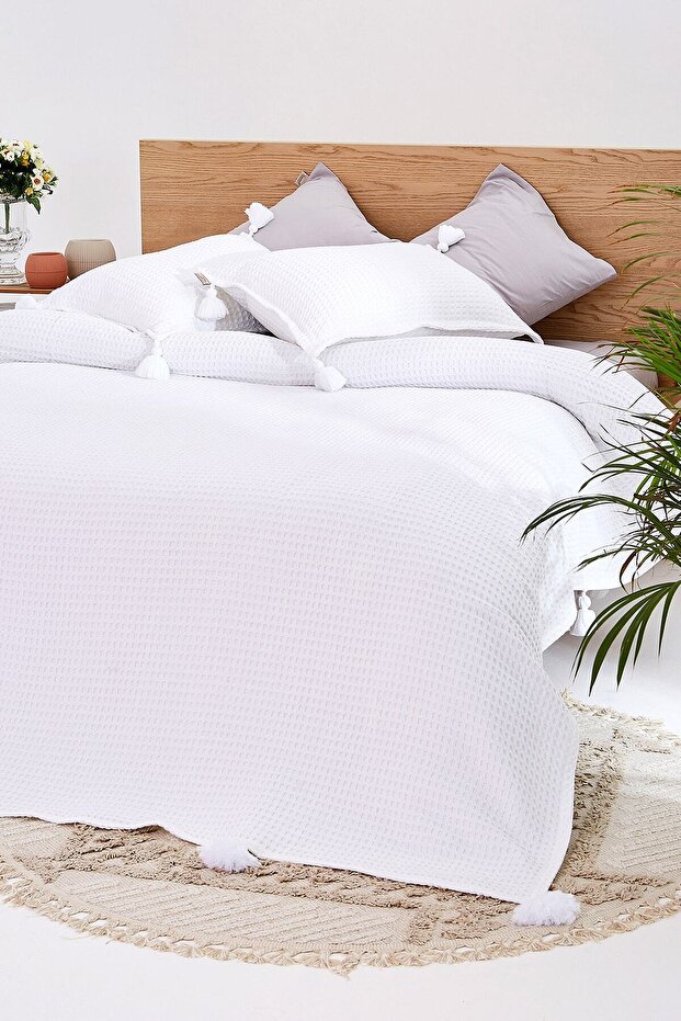 Special Design Handcrafted Tasseled Multi-Purpose Pique & Bed Cover Pillow Case Set of 3 Marguerit White