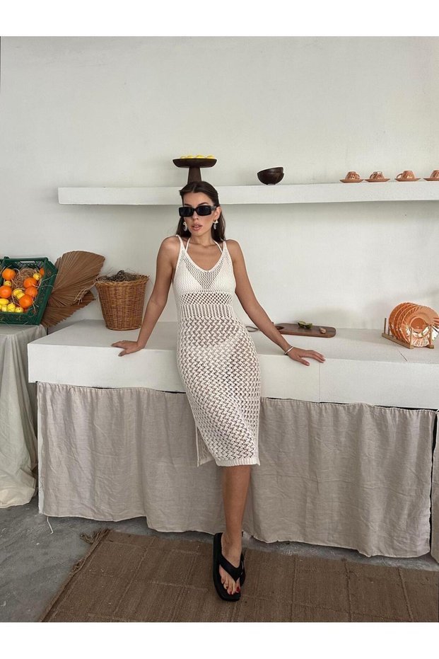 Straps Openwork Pattern V-Neck Midi Length 100% Cotton Women's Knitwear Beach Dress
