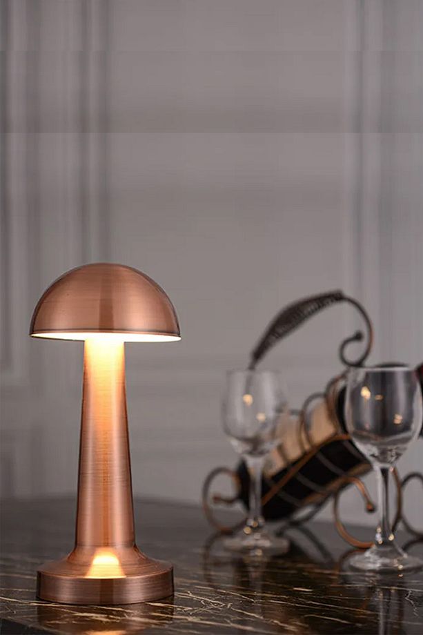 Mantar Model Retro Masa Lambası Rosegold Bakır Dimmerli Şarjlı Dekoratif Dokunmatik Masa Lambası - 6