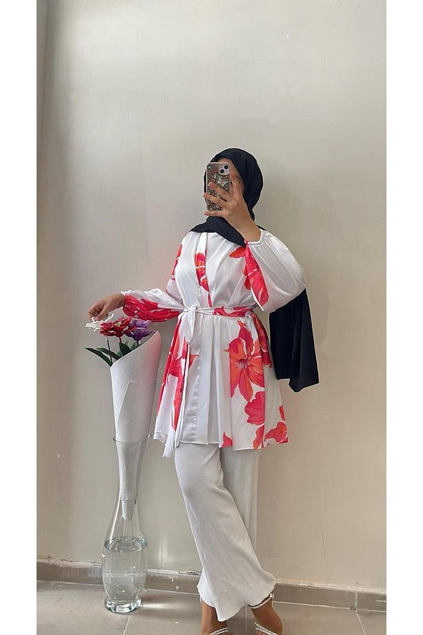 Pembe çiçekli yazlık ipek saten kimono - 3