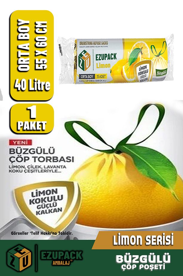 40 Lt ( 1 PAKET ) Avantaj Paket Orta Boy Limon Kokulu Büzgülü Çöp Poşeti Çöp Torbası 10 Adet - 2