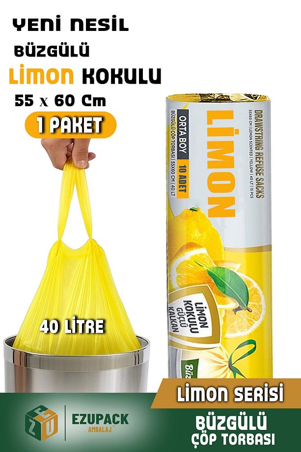 40 Lt ( 1 PAKET ) Avantaj Paket Orta Boy Limon Kokulu Büzgülü Çöp Poşeti Çöp Torbası 10 Adet - 1