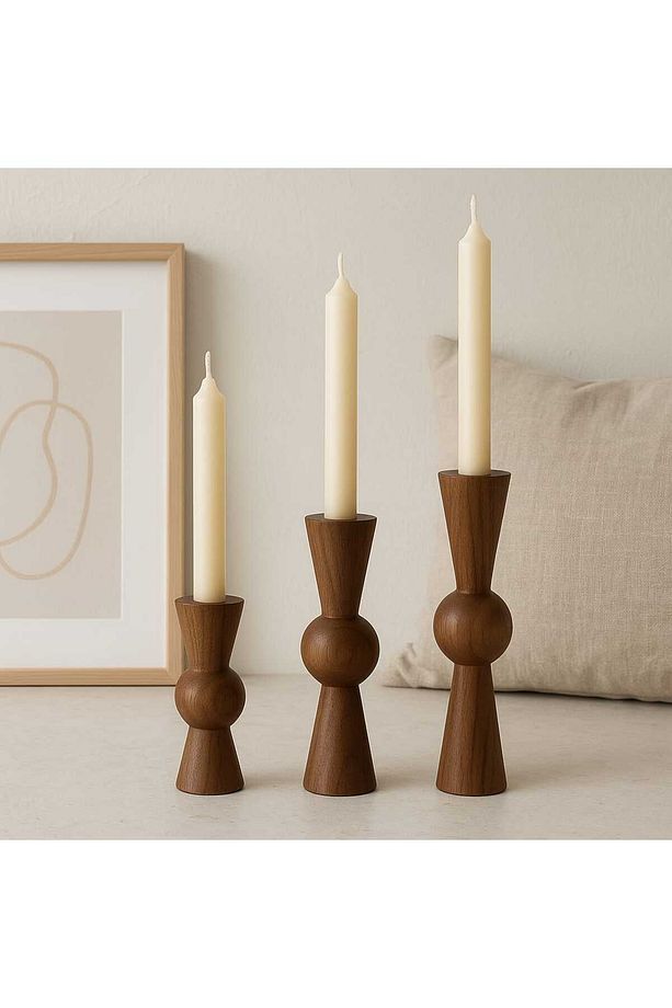 Doğal Ahşap cevizŞamdan Seti 17.5cm & 15cm & 12.5 , El Yapımı, Rustik Dekoratif 3'lü Mumluk Modern - 5