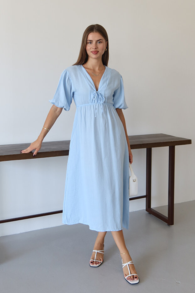 Women's Lightweight Transparent Basic Front Tie Muslin Dress 1105