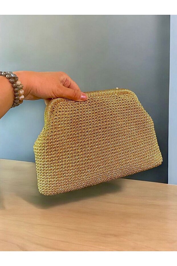 Kadın Handmade Gold Simli İp Örme Burslu Çanta