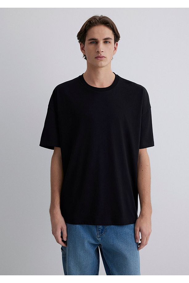Organik Pamuk Siyah Oversize Tişört Oversize / Geniş Kesim 066902-900 - 4
