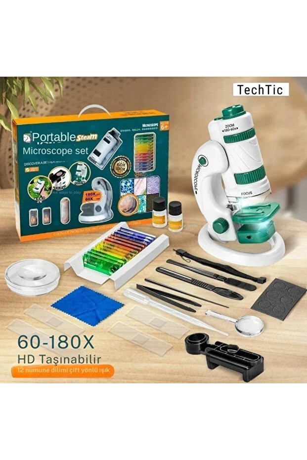 TechTic Dijital Mikroskop Seti 60-180x Büyütme El Mini Eğitici Çocuk Mikroskobu 21 Parça Eğitici Set