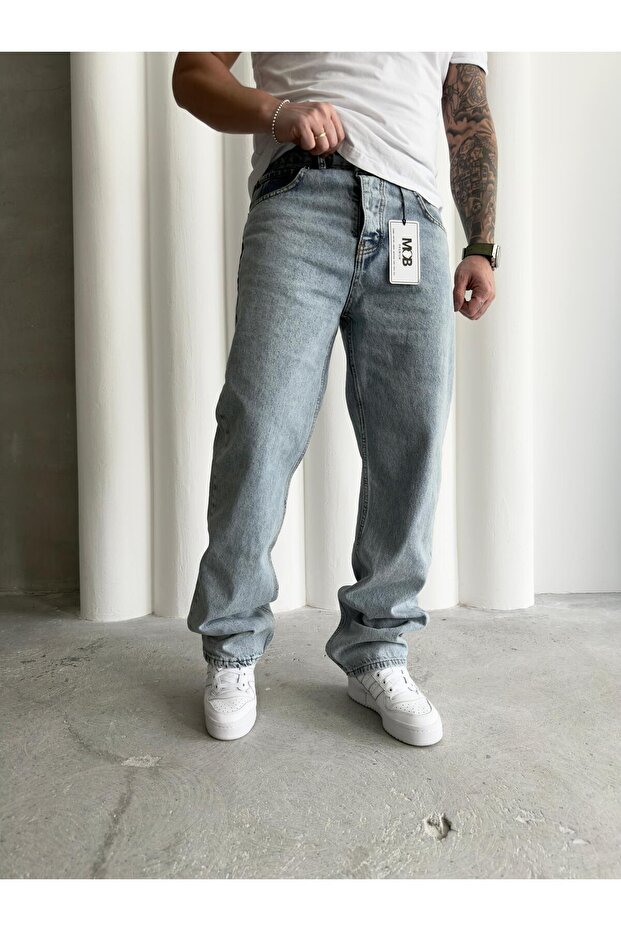 Men's Baggy Loose Cut Snow Washed Blue Jeans