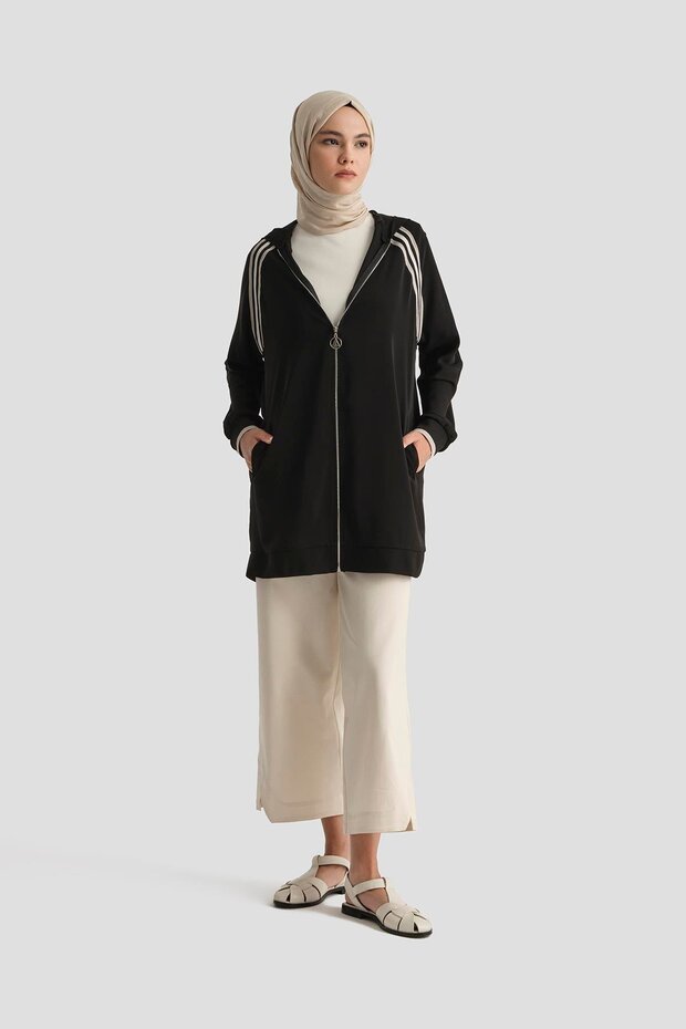 TREND Boydan Fermuarlı Kapüşonlu Tunik-Siyah 25YT409 - 5