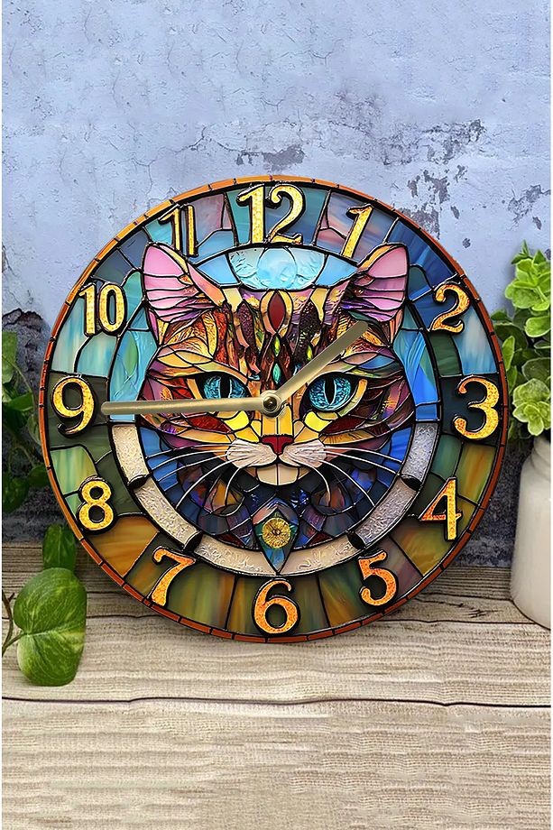 Sessiz Yuvarlak Ahşap Duvar Saati, Kuvars Hareketli 2d Kedi Desen Sdw021 - 5