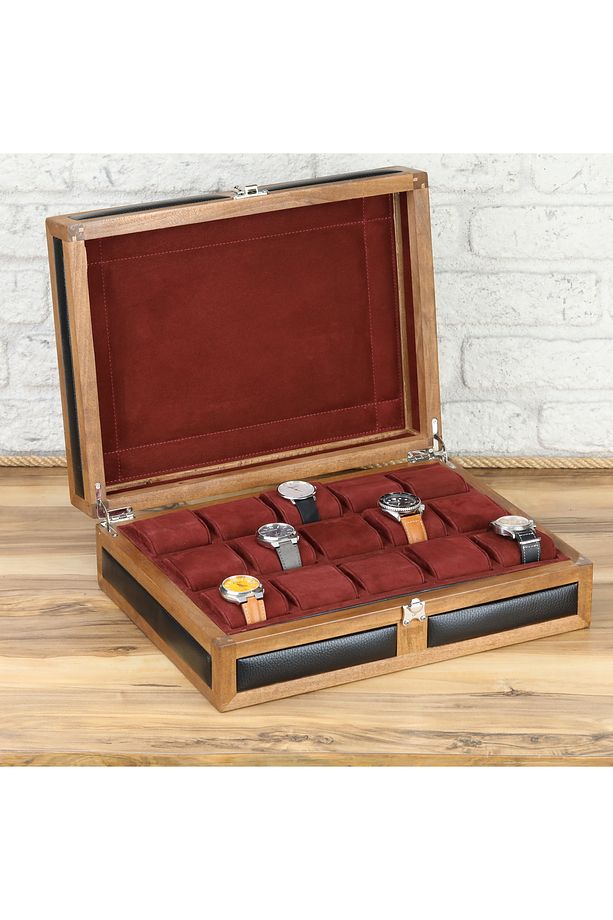 15'li Ahşap Saat Kutusu Çoklu Saat Kutusu Saat Koleksiyon Kutusu Saat Organizeri Watch Case - 4