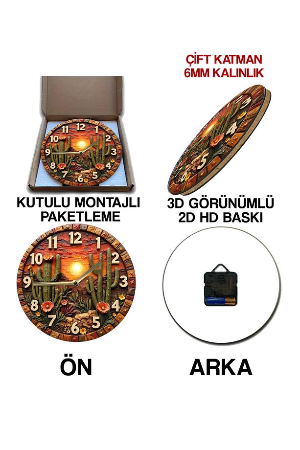 Sessiz Yuvarlak Ahşap Duvar Saati, Kuvars Hareketli 2d Güneş Ve Doğa Desen Sdw010 - 6