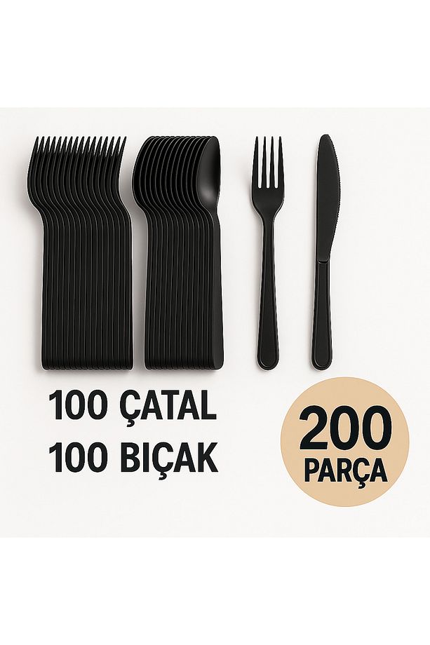 Siyah Plastik Çatal Bıçak Seti 200 Parça – Dayanıklı Ve Şık Tek Kullanımlık Parti Seti - 1