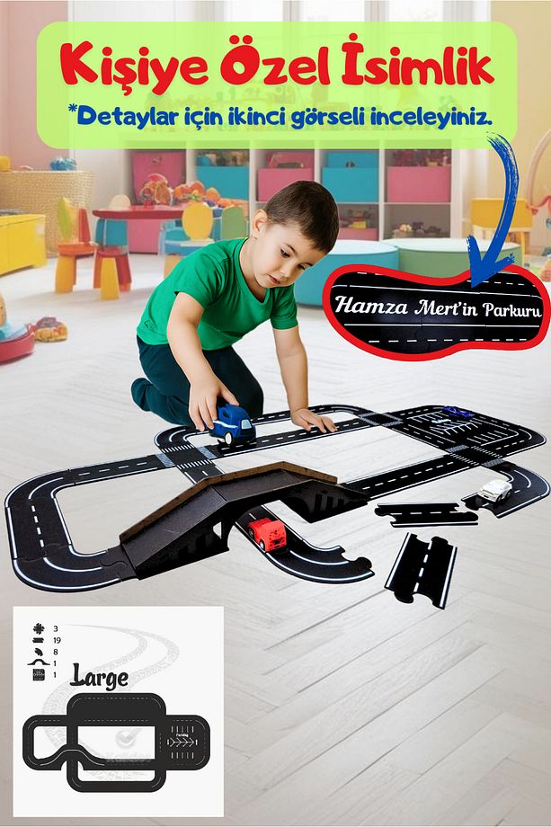 Oyuncak Araba Yarış Pisti, Araç Parkuru (LARGE) - Eğitici Yol Seti Ahşap Oyuncak- Otoban Puzzle - 1