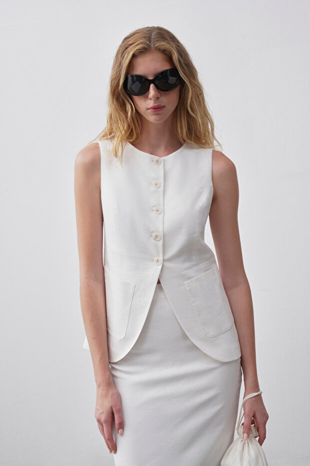 Kadın Beyaz Cep Detaylı Keten Yelek - 5