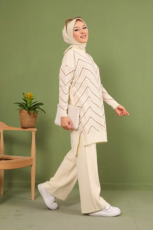 Simli Zigzak Triko Tunik Ve Pantolon Takım - 3