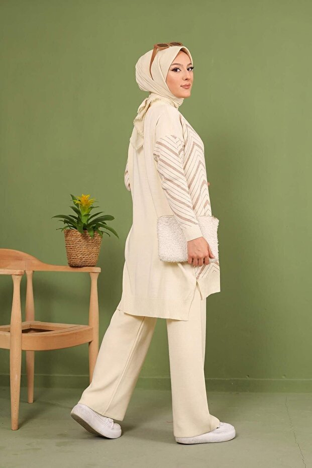 Simli Zigzak Triko Tunik Ve Pantolon Takım - 4