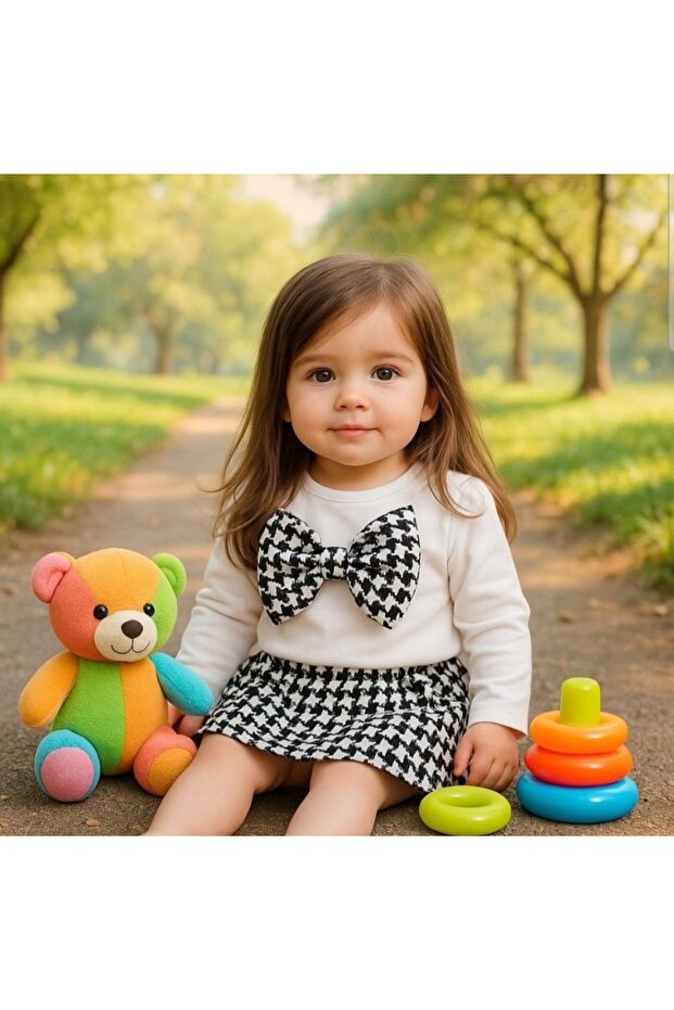 Baby Girl Set with Plaid Pattern Skirt - Long Sleeve Blouse with Bow and Mini Skirt