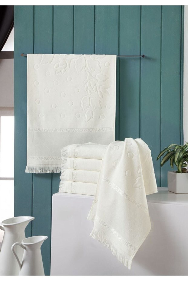 6 Pieces 50 X 90 Soft Etam's Jacquard Fringed Cream Color Hand Face Towel Kanavice Embroidered Towel