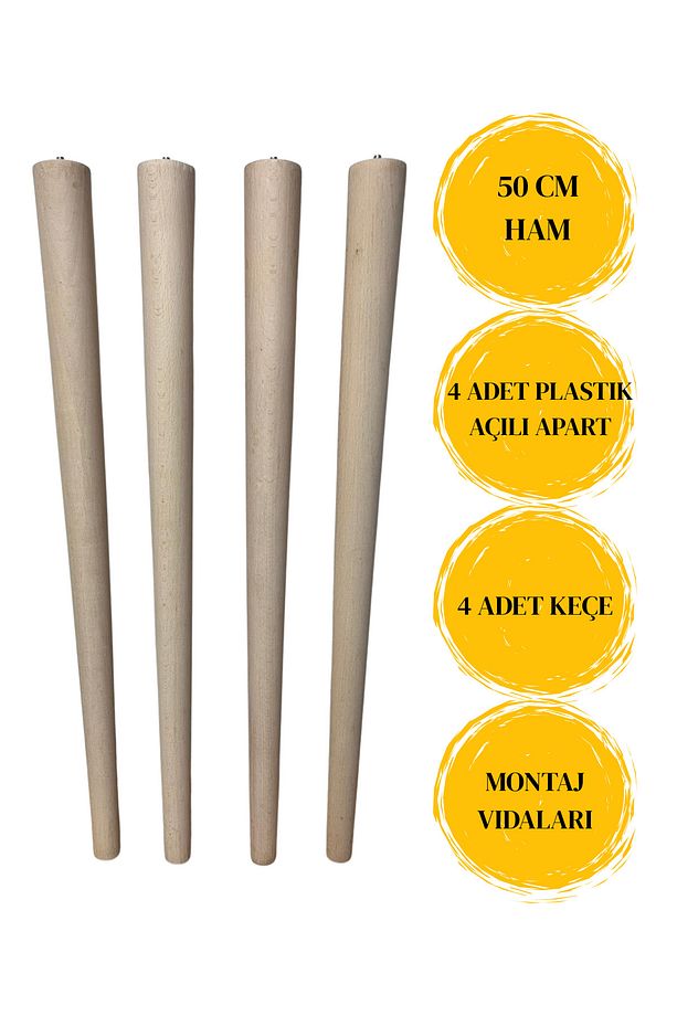 50 Cm Ham Ahşap Konik Ayak – 4'lü Set Masa, Sehpa, Tv Ünitesi Uyumlu Aparat Ve Vidalar Dahil - 1