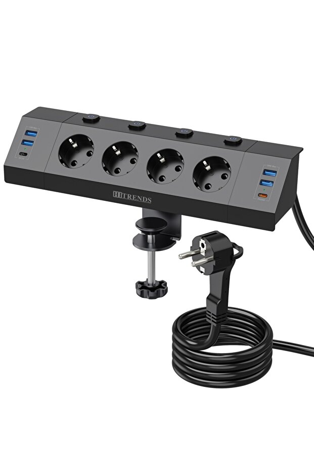 250V EU 4 black Eu Multi-plug power strip with desktop clamping device pull ring plug 4 USB-A and 2