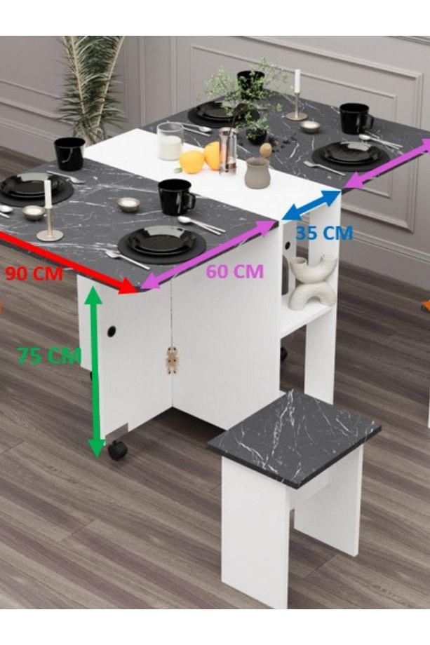 YEMEK MASASI MUTFAK MASASI ÇOK AMAÇLI KATLANILABİLİR 4 TABURELİ MASA - 5
