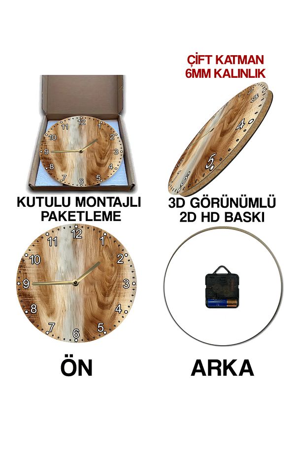 Sessiz Yuvarlak Ahşap Duvar Saati, Kuvars Hareketli 3d Görünümlü 2d Saat Sdw085 - 7