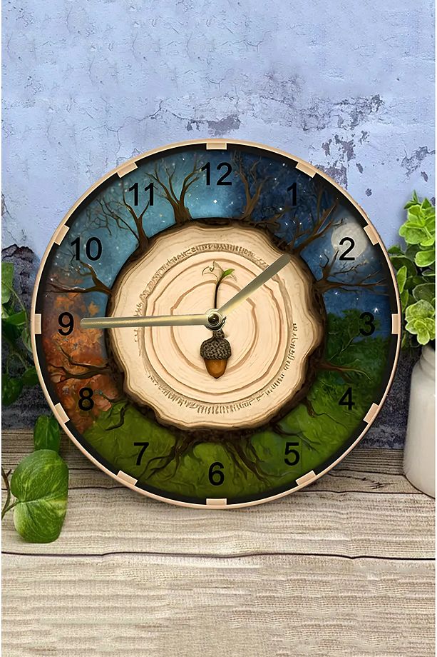 🌳 Meşe Palamudu & Dört Mevsim Temalı 3D Görünümlü MDF Duvar Saati – 33 cm sdw314 - 4