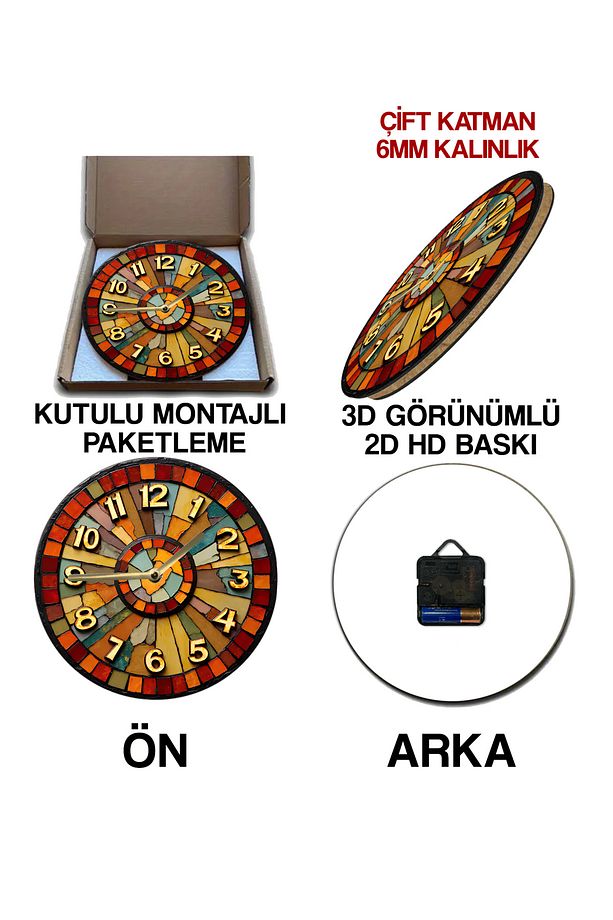 🟠 Mozaik Sanatından İlham Alan 3D Görünümlü MDF Duvar Saati sdw302 - 6