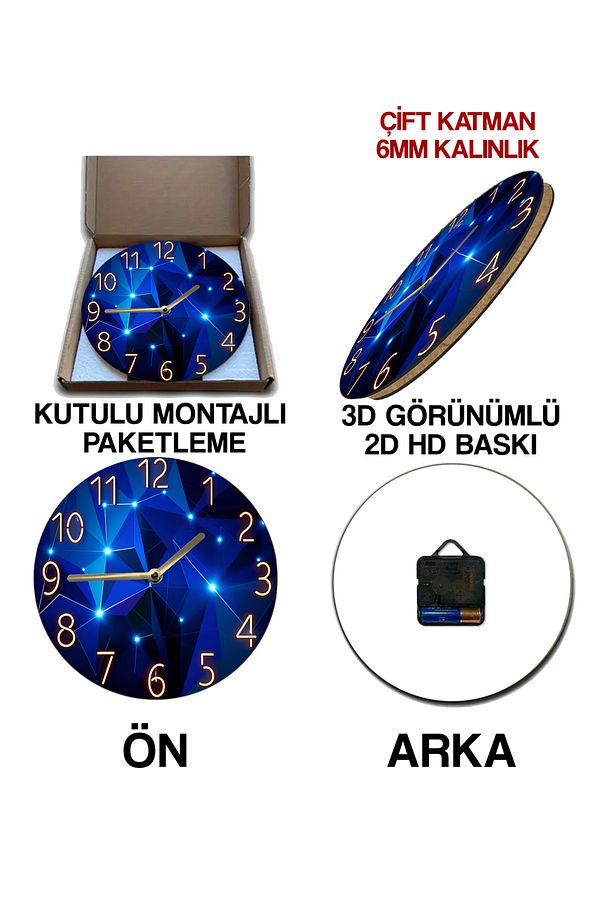 💎 Mavi Geometrik Taş Desenli 3D Görünümlü MDF Duvar Saati – | Modern & Işıltılı Tasarım sdw304 - 7