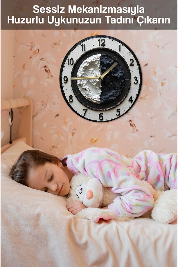🌓 Ay Yüzeyi Tasarımlı 3D Görünümlü MDF Duvar Saati (33 cm) sdw300 - 5