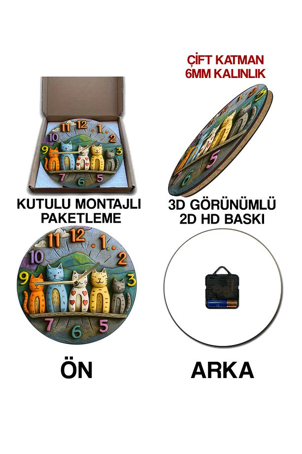 Sessiz Yuvarlak Ahşap Duvar Saati, Kuvars Hareketli 3d Görünümlü 2d Saat Sdw Çocuk Odası - 7