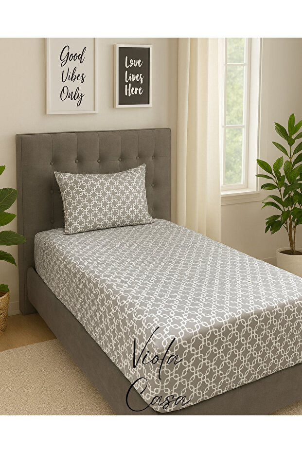 Single Cotton Elastic Sheet Set 100x200 Gray Chain