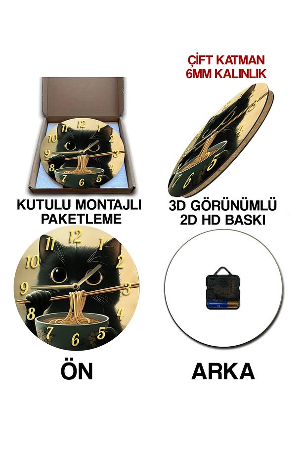 NoodleCat – Sevimli Siyah Kedili 3D Görünümlü MDF Duvar Saati sdw228 - 7