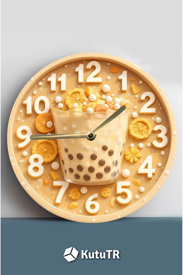 Zamanın Tadı – Bubble Tea Temalı Sessiz Yuvarlak Ahşap Duvar Saati, Kuvars Coffe Desen 2d Sdw2014 - 3