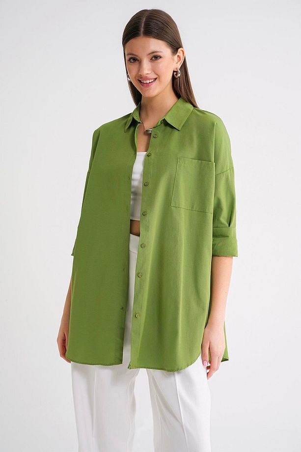 4053 Kadın Tek Cepli Oversize Basic Gömlek Yeşil - 4
