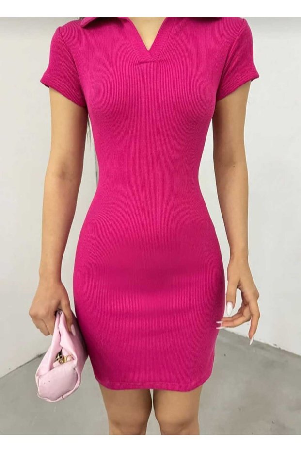 Diamond Women's Camisole Fabric Polo Collar Short Sleeve Summer Casual Comfortable Full-Fit Mini Dress Fuchsia Pink