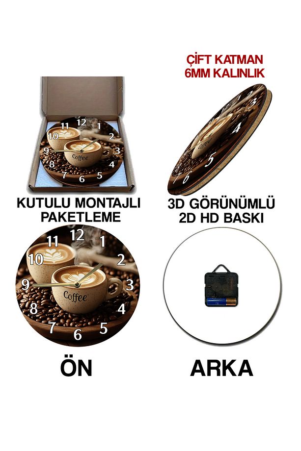 Sessiz Yuvarlak Ahşap Duvar Saati, Kuvars Coffe Desen 2d Sdw2015 - 6