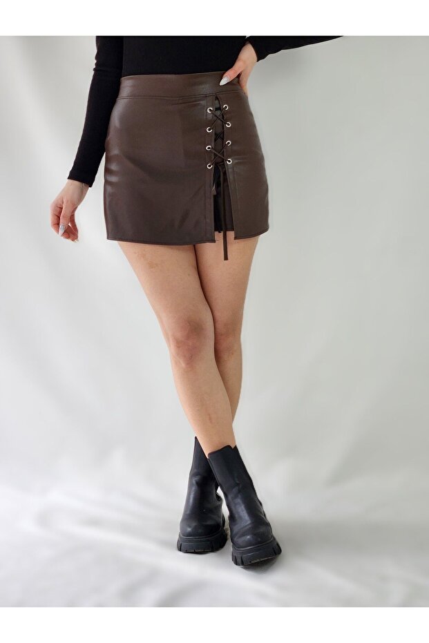 BAĞCIKLI KAHVE  DERİ ŞORT ETEK - 1