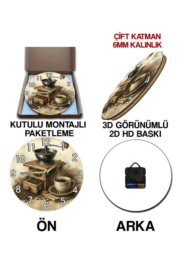 Sessiz Yuvarlak Ahşap Duvar Saati, Kuvars Coffe Desen sdw2018 coffe , cafe - 6