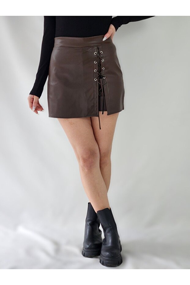 BAĞCIKLI KAHVE  DERİ ŞORT ETEK - 7