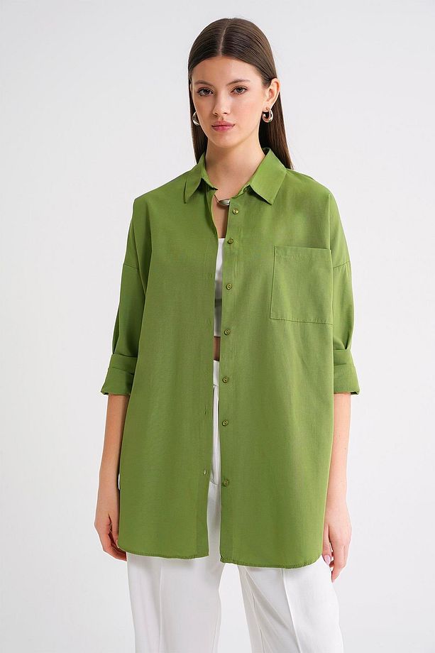 4053 Kadın Tek Cepli Oversize Basic Gömlek Yeşil - 1