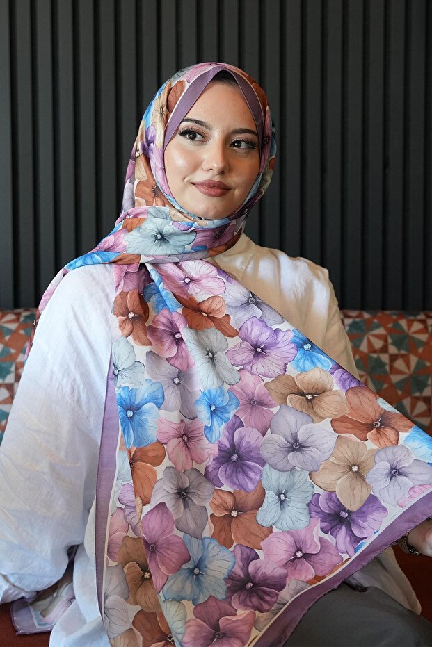Hydrangea Flower Pattern Lavender Soft Cotton Shawl - 1