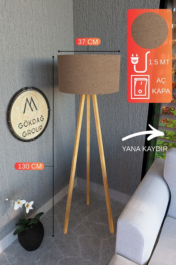 3 Ayaklı MEGA BOY Tripod Lambader Abajur Vizon Kumaş Başlık - 1