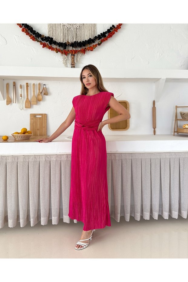 Women's Fuchsia Pleated Zero Sleeve Dress with Tie Detail